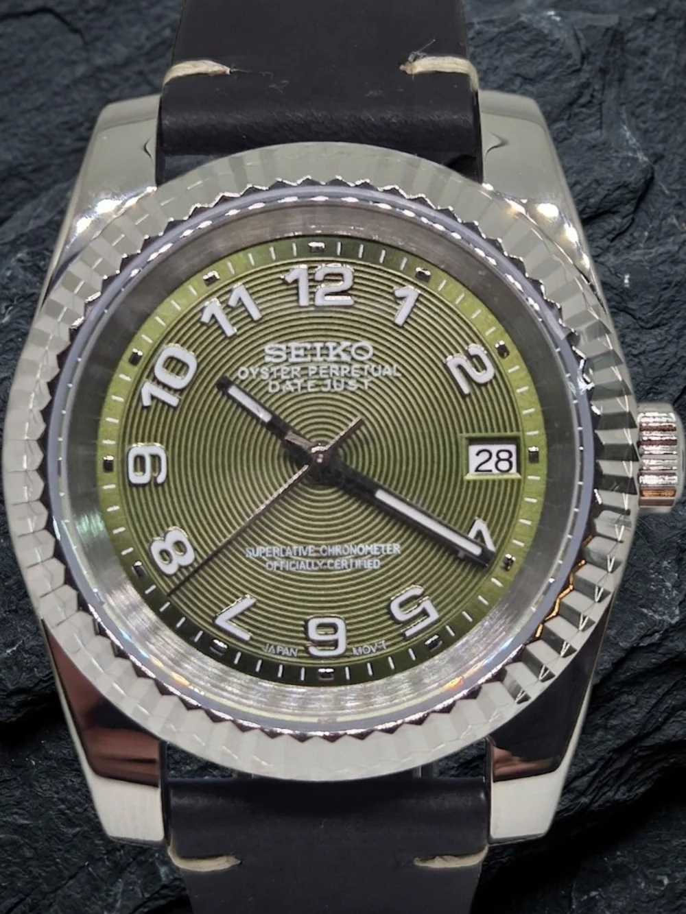 Custom 39mm Automatic Seiko Mod Watch Datejust with Olive Green Dial NH35